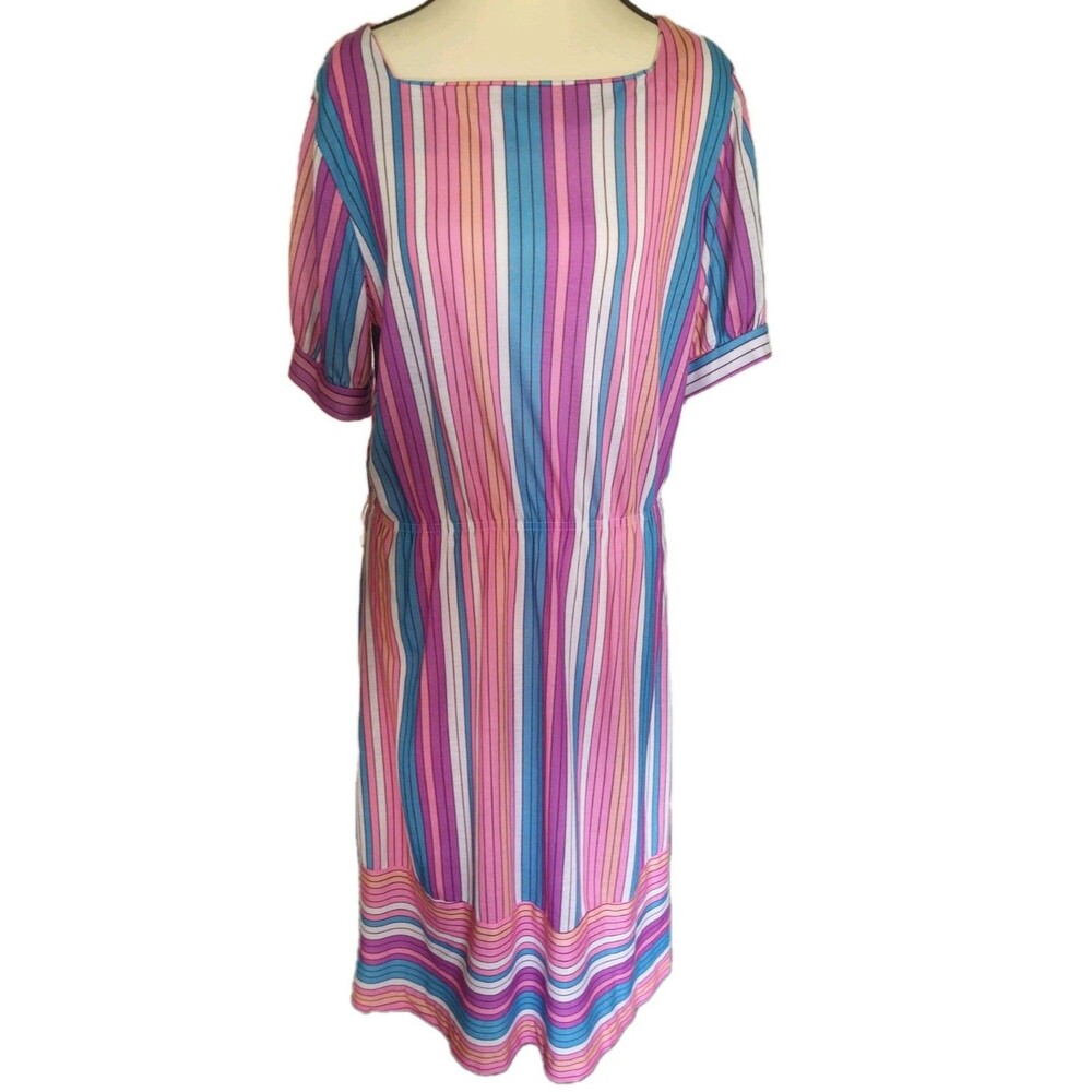 Mari Lynn Fashions Vintage Midi Dress Multi Color SS Striped Union Made Size 14P
